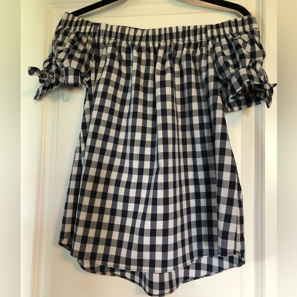 Off the Shoulder Short Sleeve Top with ties, Navy Blue Buffalo Plaid, Medium